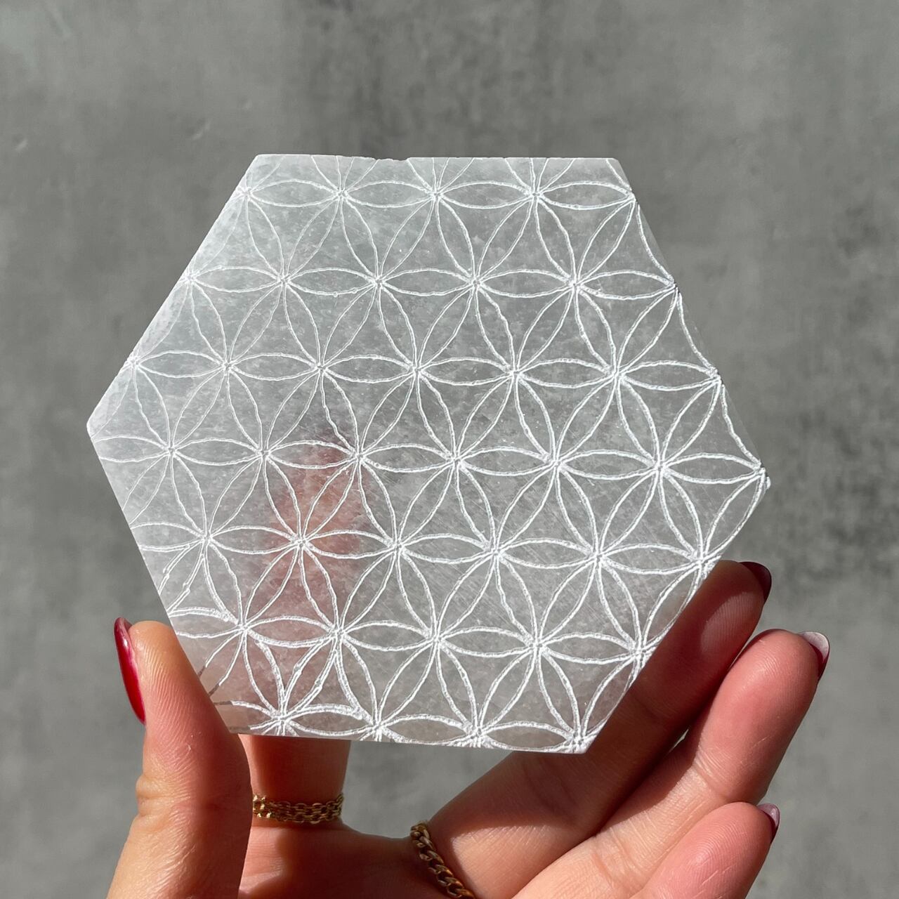 【セレナイト☆フラワーオブライフ】ヘキサゴンプレート｜透石膏｜鉱物 天然石 パワーストーン