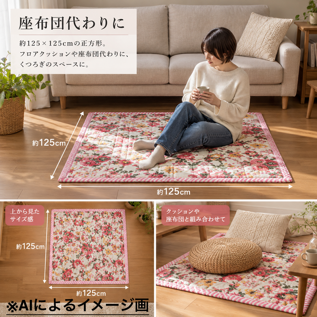 インド製 花柄リバーシブルキルト 125×125cm｜薄手マルチカバー・ソファカバー 全5柄