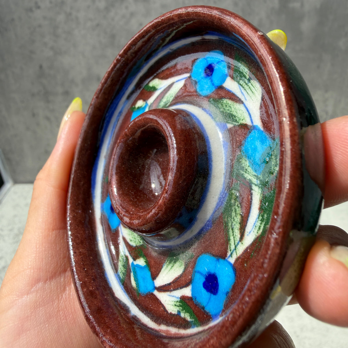 インド・ジャイプール 陶器のお香立て｜花柄 インセンスホルダー ブラウン・グリーン