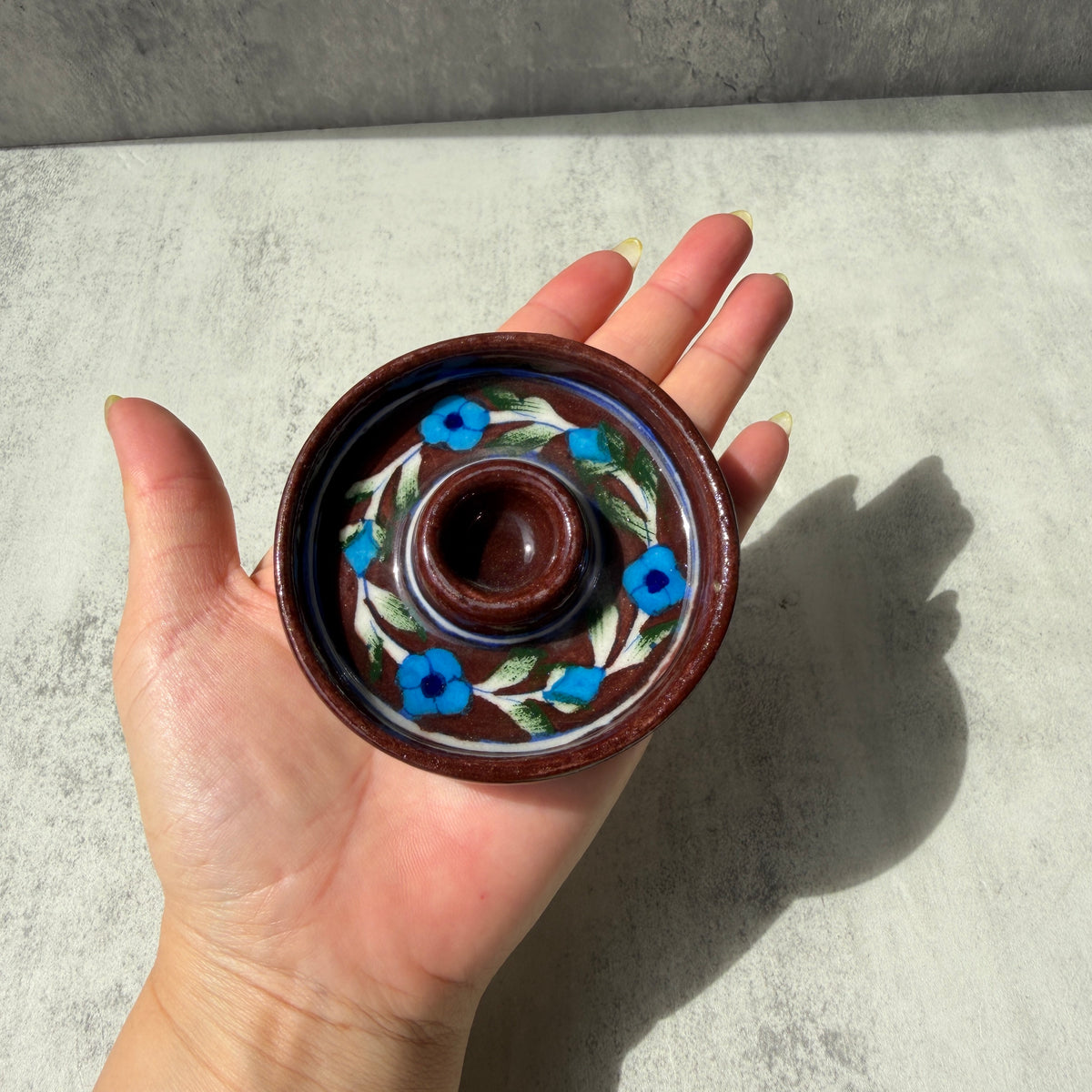 インド・ジャイプール 陶器のお香立て｜花柄 インセンスホルダー ブラウン・グリーン