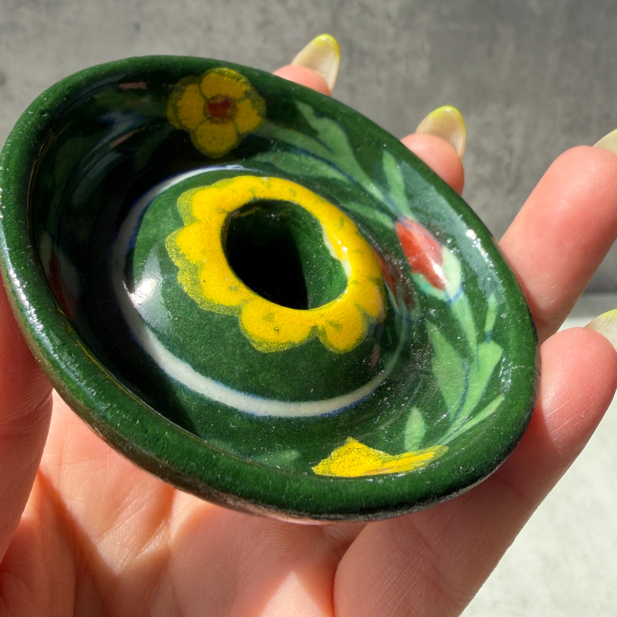 インド・ジャイプール 陶器のお香立て｜花柄 インセンスホルダー ブラウン・グリーン