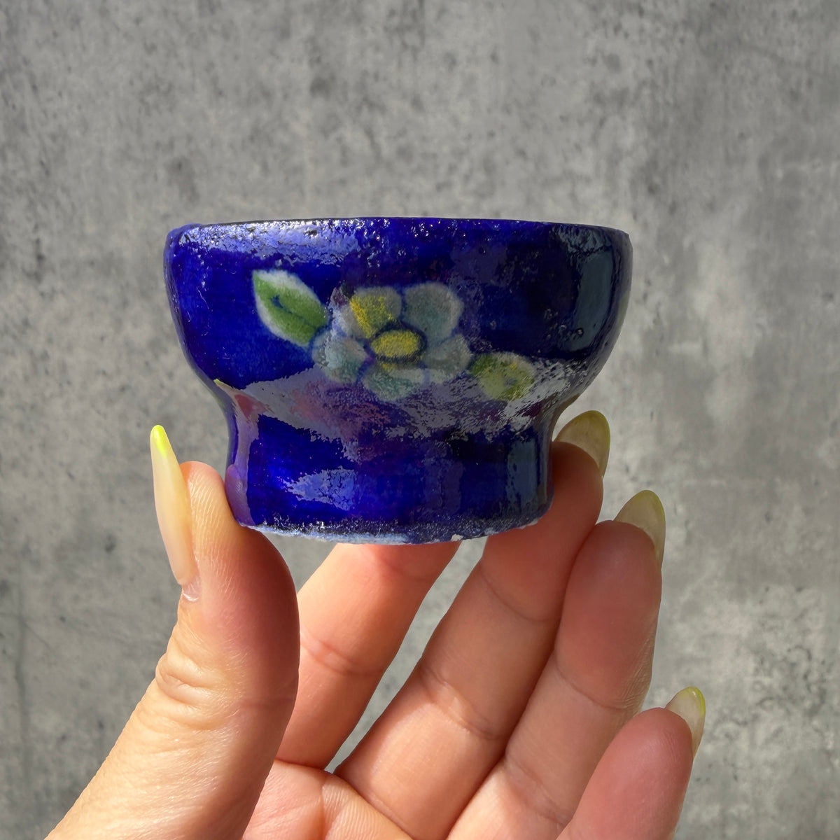 インド・ジャイプールの陶器 ミニボウル｜花柄 小物入れ ブルー・イエロー