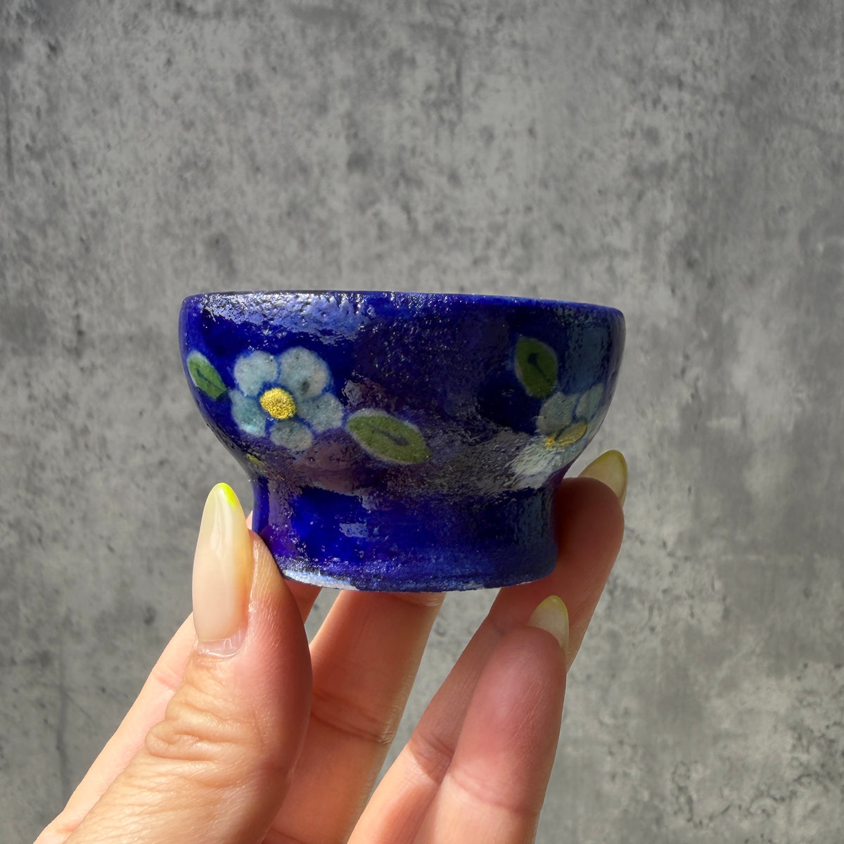 インド・ジャイプールの陶器 ミニボウル｜花柄 小物入れ ブルー・イエロー