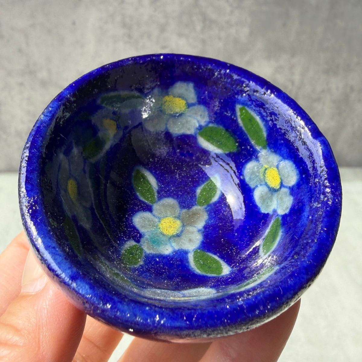 インド・ジャイプールの陶器 ミニボウル｜花柄 小物入れ ブルー・イエロー