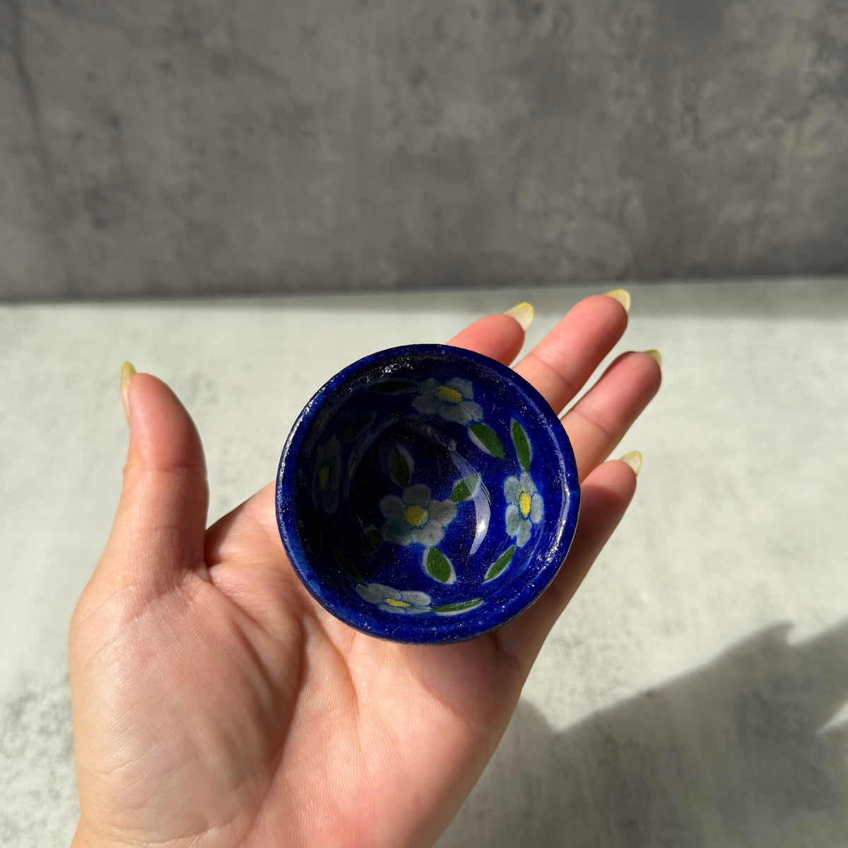 インド・ジャイプールの陶器 ミニボウル｜花柄 小物入れ ブルー・イエロー